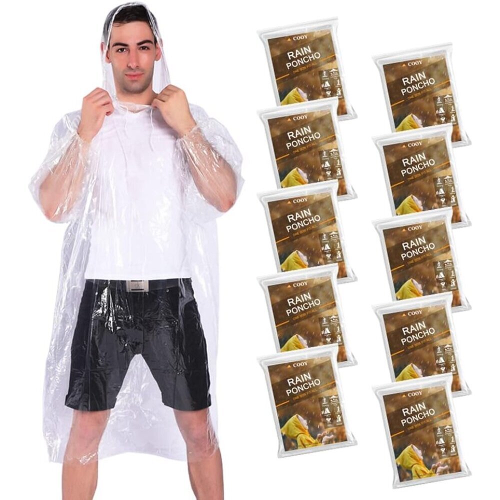 Rain Ponchos,with Drawstring Hood (10 Pack) Emergency Disposable Rain Ponchos Fa